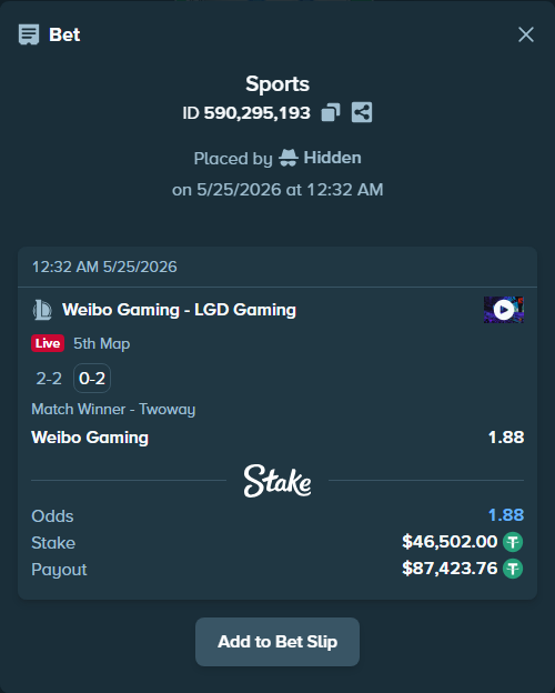 Bet slip: Weibo  Gaming - LGD Gaming, $46,502.00 stake at 1.88 odds, placed by Hidden