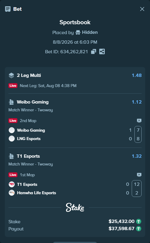 Bet slip: Weibo  Gaming - LNG Esports, $25,457.43 stake at 1.12 odds, placed by Hidden