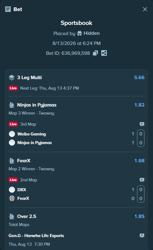 Bet slip: Weibo  Gaming - Ninjas in Pyjamas, $111,268.75 stake at 1.82 odds, placed by Hidden