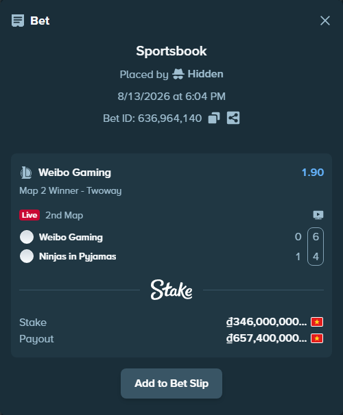 Bet slip: Weibo  Gaming - Ninjas in Pyjamas, $13,840.00 stake at 1.90 odds, placed by Hidden