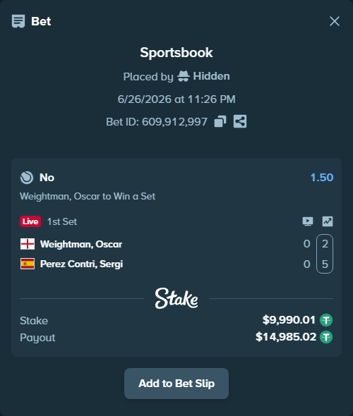 Bet slip: Weightman, Oscar - Perez Contri, Sergi, $10,000.00 stake at 1.50 odds, placed by Hidden
