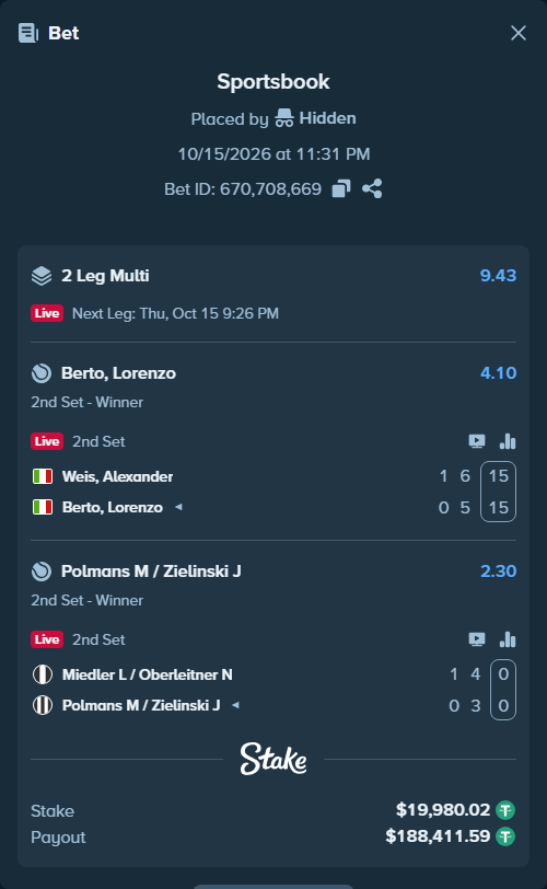 Bet slip: Weis, Alexander - Berto, Lorenzo, $20,000.00 stake at 4.10 odds, placed by Hidden
