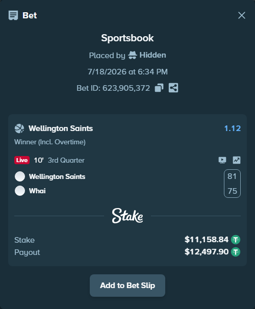 Bet slip: Wellington Saints - Tauranaga Whai, $11,170.00 stake at 1.12 odds, placed by Hidden