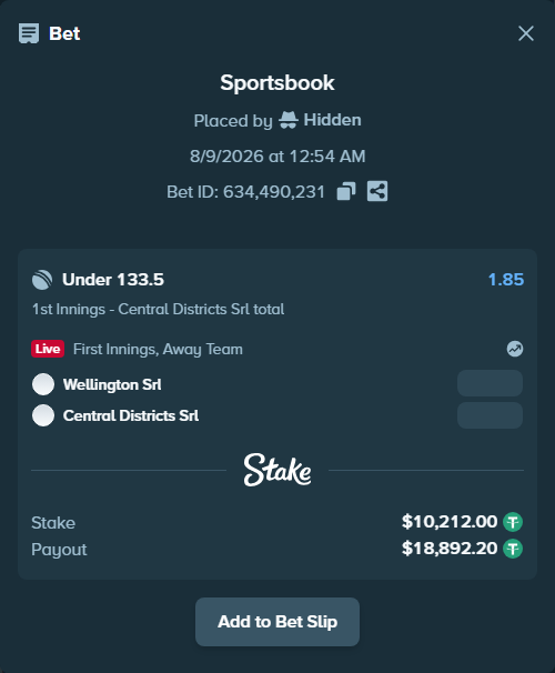 Bet slip: Wellington SRL - Central Districts SRL, $10,222.21 stake at 1.85 odds, placed by Hidden