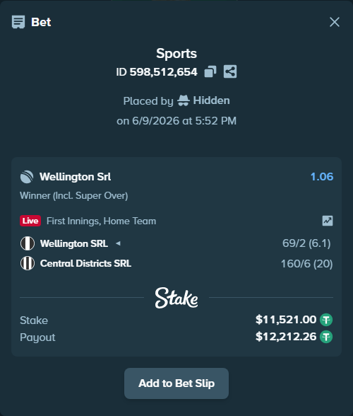Bet slip: Wellington SRL - Central Districts SRL, $11,521.00 stake at 1.06 odds, placed by Hidden