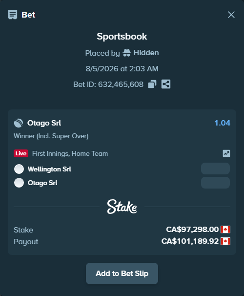 Bet slip: Wellington SRL - Otago SRL, $72,000.52 stake at 1.04 odds, placed by Hidden