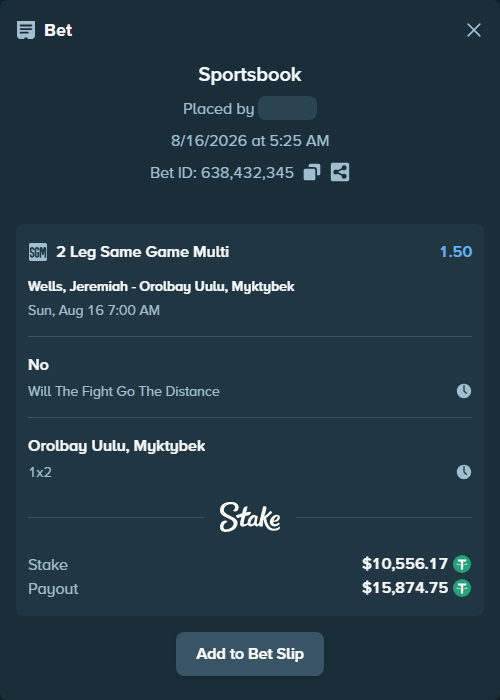 Bet slip: Wells, Jeremiah - Orolbay Uulu, Myktybek, $10,566.73 stake at 1.42 odds, placed by Davidbushel1