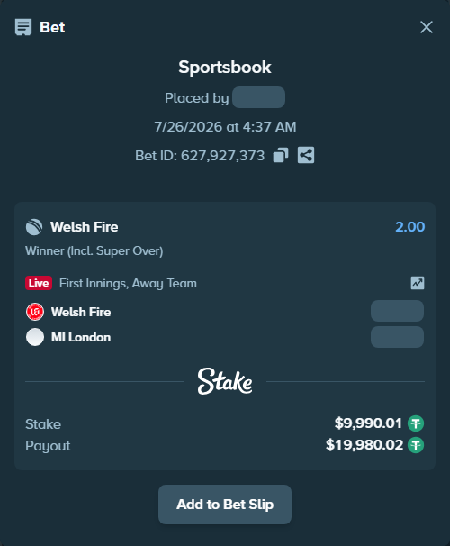 Bet slip: Welsh Fire - MI London, $10,000.00 stake at 2.00 odds, placed by Riot121