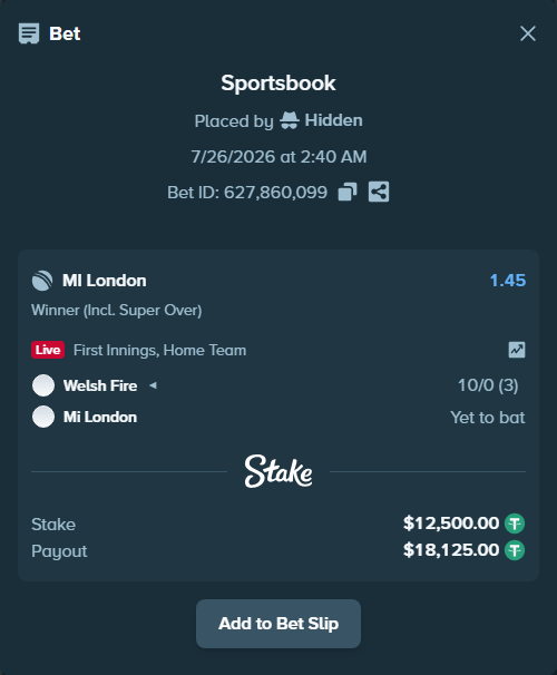 Bet slip: Welsh Fire - MI London, $12,500.00 stake at 1.45 odds, placed by Hidden
