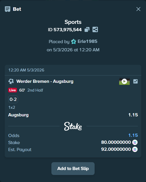 Bet slip: Werder Bremen - Augsburg, $5,881.60 stake at 1.15 odds, placed by Erle1985