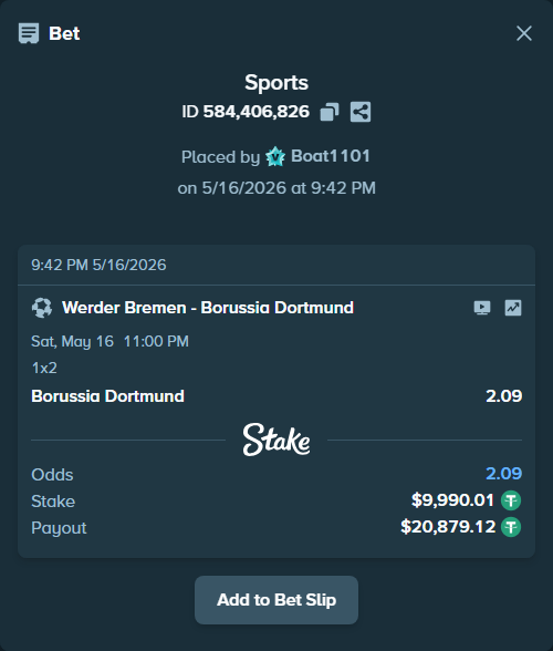 Bet slip: Werder Bremen - Borussia Dortmund, $10,000.00 stake at 2.09 odds, placed by Boat1101