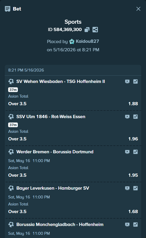 Bet slip: Werder Bremen - Borussia Dortmund, $11,392.00 stake at 1.95 odds, placed by Kaidou827