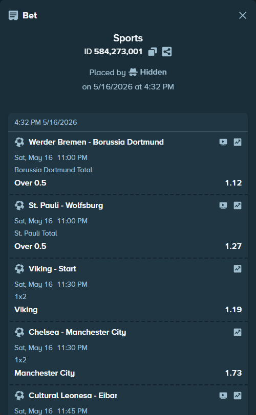 Bet slip: Werder Bremen - Borussia Dortmund, $15,000.00 stake at 1.12 odds, placed by Hidden