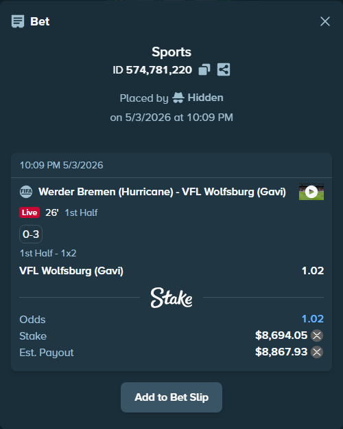 Bet slip: Werder Bremen (Hurricane) - VFL Wolfsburg (Gavi), $7,158.68 stake at 1.02 odds, placed by Hidden