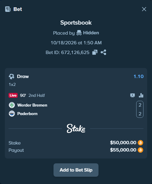 Bet slip: Werder Bremen - Paderborn, $49,870.30 stake at 1.10 odds, placed by Syversi