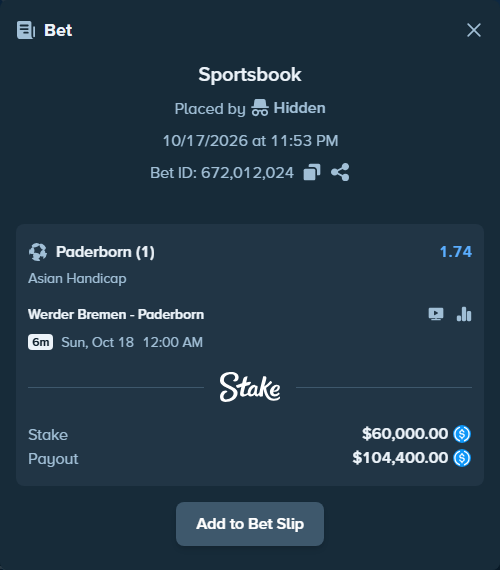 Bet slip: Werder Bremen - Paderborn, $60,000.00 stake at 1.74 odds, placed by lowkeyrin