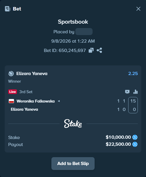 Bet slip: Weronika Falkowska - Elizara Yaneva, $10,000.00 stake at 2.25 odds, placed by kuwkuw