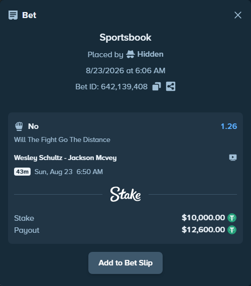 Bet slip: Wesley Schultz - Jackson Mcvey, $10,000.00 stake at 1.26 odds, placed by Hidden