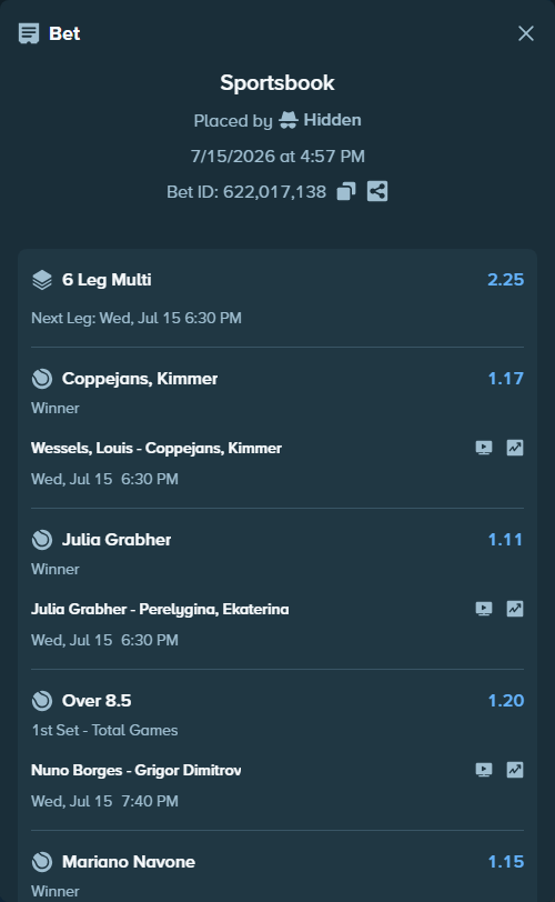 Bet slip: Wessels, Louis - Coppejans, Kimmer, $125,125.00 stake at 1.17 odds, placed by Hidden