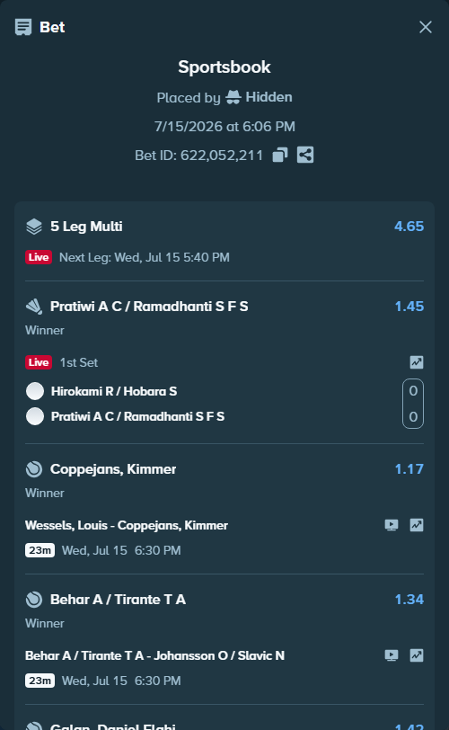Bet slip: Wessels, Louis - Coppejans, Kimmer, $27,000.00 stake at 1.17 odds, placed by Hidden