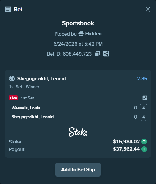 Bet slip: Wessels, Louis - Sheyngezikht, Leonid, $16,000.00 stake at 2.35 odds, placed by Hidden