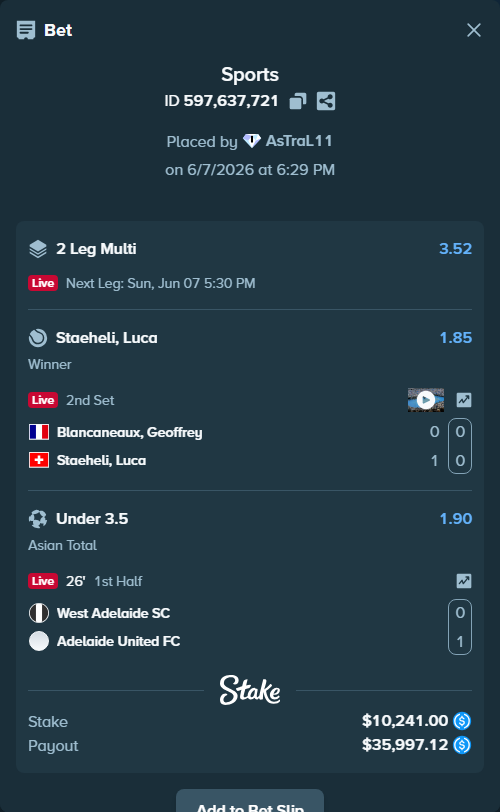 Bet slip: West Adelaide SC - Adelaide United FC, $10,241.00 stake at 1.90 odds, placed by AsTraL11