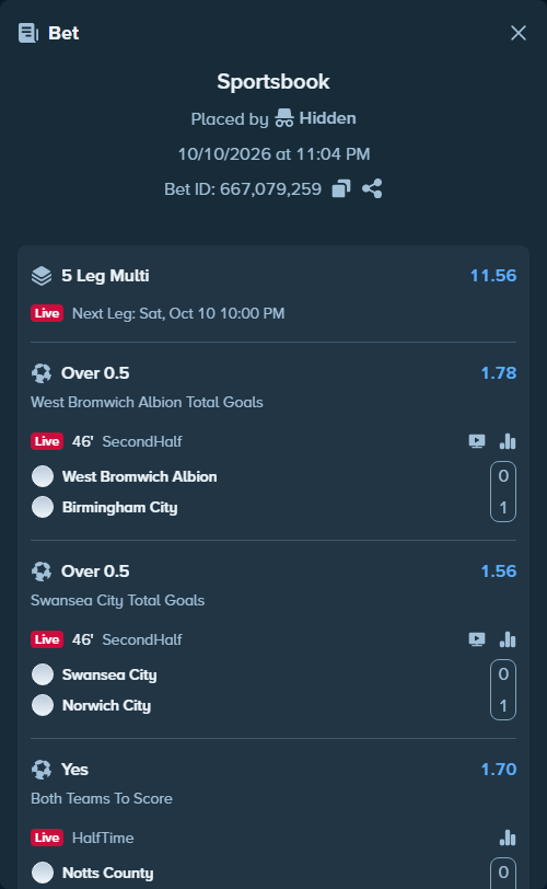 Bet slip: West Bromwich Albion - Birmingham City, $37,186.15 stake at 1.78 odds, placed by Hidden