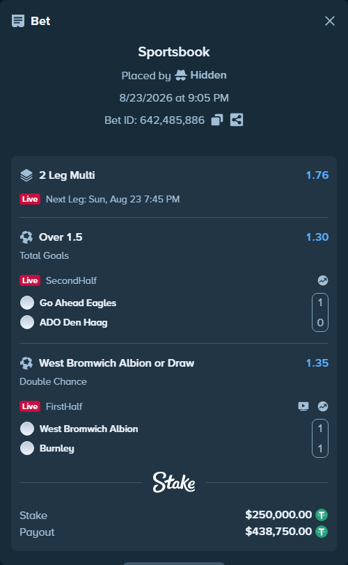 Bet slip: West Bromwich Albion - Burnley, $250,000.00 stake at 1.35 odds, placed by Hidden