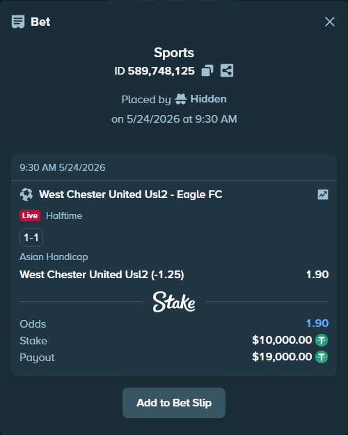 Bet slip: West Chester United SC USL2 - Eagle FC, $10,000.00 stake at 1.90 odds, placed by Hidden