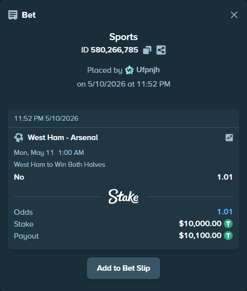 Bet slip: West Ham - Arsenal, $10,000.00 stake at 1.01 odds, placed by Ufpnjh