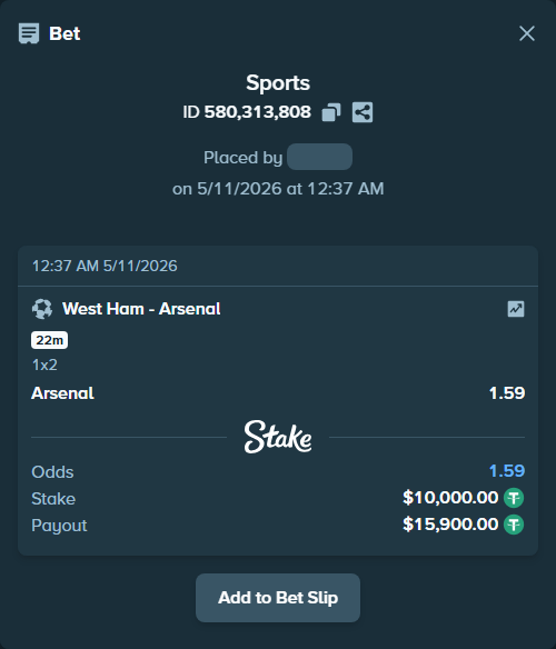 Bet slip: West Ham - Arsenal, $10,000.00 stake at 1.59 odds, placed by Petter921