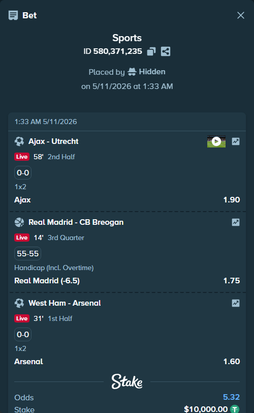 Bet slip: West Ham - Arsenal, $10,000.00 stake at 1.60 odds, placed by Hidden