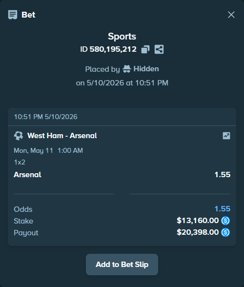 Bet slip: West Ham - Arsenal, $13,160.00 stake at 1.55 odds, placed by drwildwilly