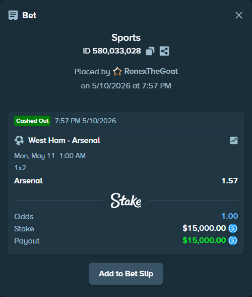 Bet slip: West Ham - Arsenal, $15,000.00 stake at 1.57 odds, placed by RonexTheGoat