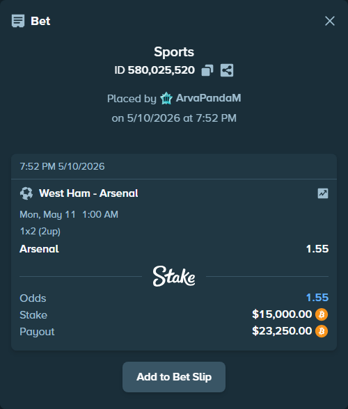 Bet slip: West Ham - Arsenal, $11,914.88 stake at 1.55 odds, placed by ArvaPandaM