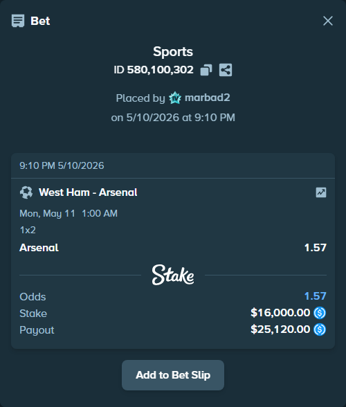 Bet slip: West Ham - Arsenal, $16,000.00 stake at 1.57 odds, placed by marbad2