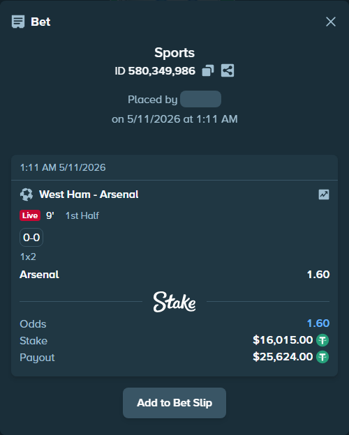 Bet slip: West Ham - Arsenal, $16,015.00 stake at 1.60 odds, placed by frodeand
