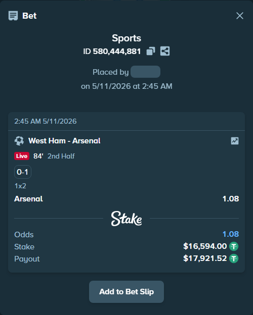 Bet slip: West Ham - Arsenal, $16,594.00 stake at 1.08 odds, placed by Maxprof