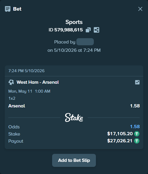 Bet slip: West Ham - Arsenal, $17,105.20 stake at 1.58 odds, placed by Oskarlindt
