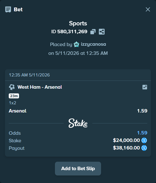 Bet slip: West Ham - Arsenal, $24,000.00 stake at 1.59 odds, placed by izzycanosa