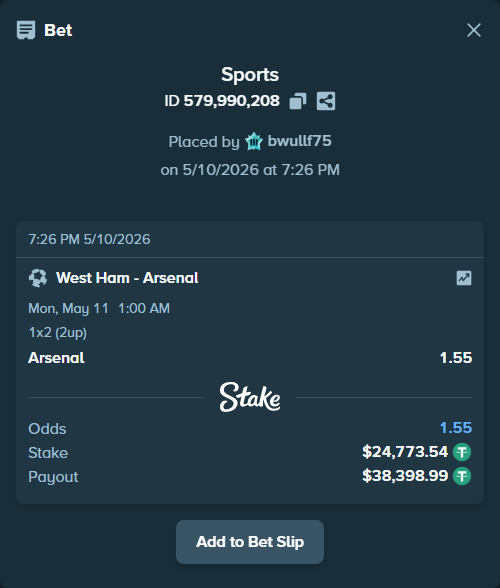 Bet slip: West Ham - Arsenal, $24,773.54 stake at 1.55 odds, placed by bwullf75