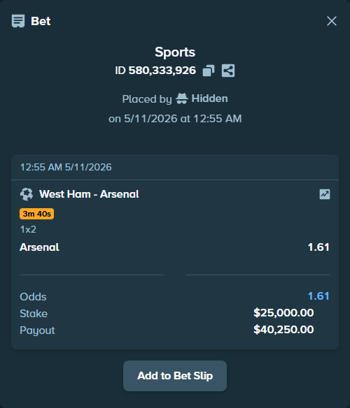 Bet slip: West Ham - Arsenal, $25,000.00 stake at 1.61 odds, placed by LinnPersonal