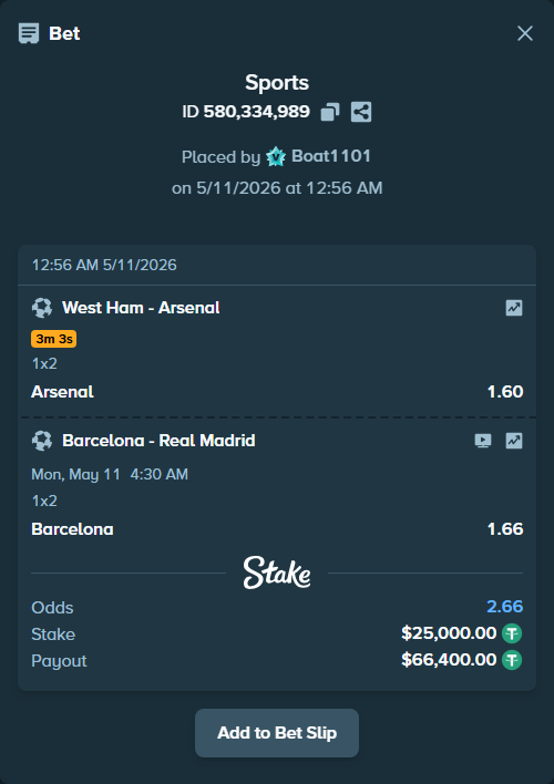 Bet slip: West Ham - Arsenal, $25,000.00 stake at 1.60 odds, placed by Boat1101
