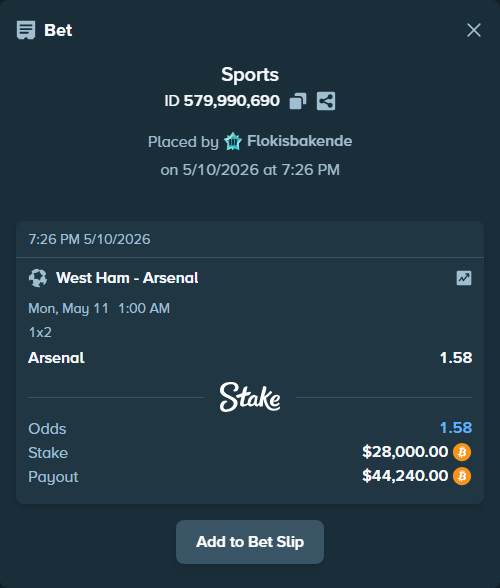 Bet slip: West Ham - Arsenal, $22,241.12 stake at 1.58 odds, placed by Flokisbakende