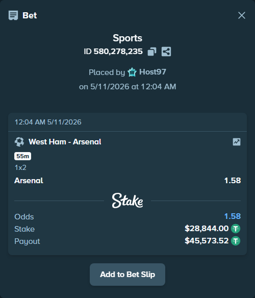 Bet slip: West Ham - Arsenal, $28,844.00 stake at 1.58 odds, placed by Host97