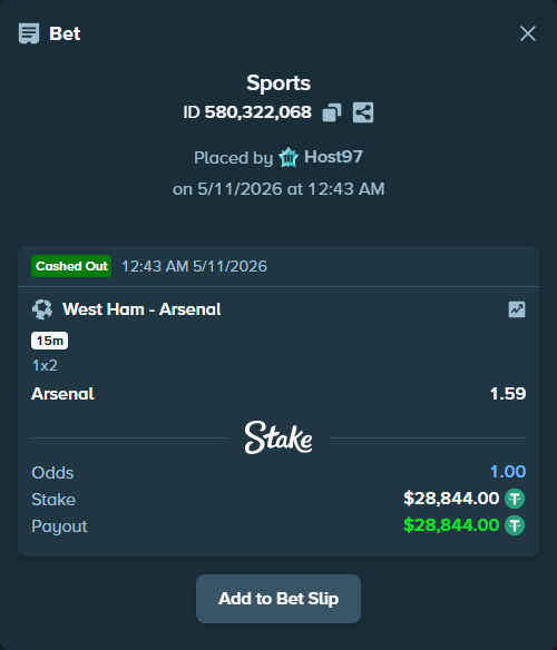 Bet slip: West Ham - Arsenal, $28,844.00 stake at 1.59 odds, placed by Host97