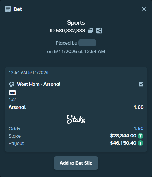 Bet slip: West Ham - Arsenal, $28,844.00 stake at 1.60 odds, placed by Host97