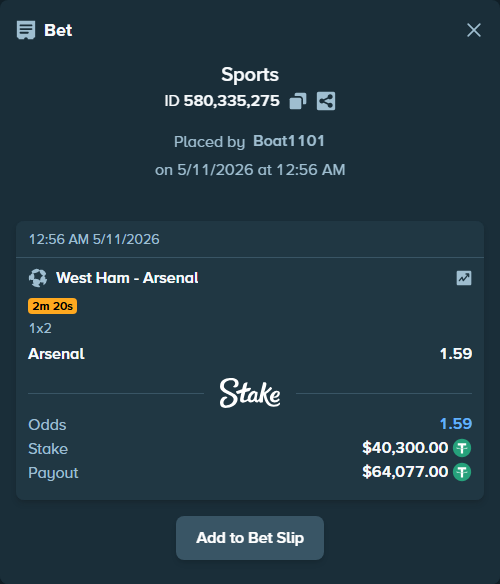 Bet slip: West Ham - Arsenal, $40,300.00 stake at 1.59 odds, placed by Boat1101