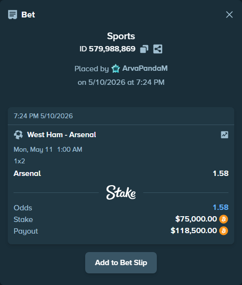 Bet slip: West Ham - Arsenal, $59,574.42 stake at 1.58 odds, placed by ArvaPandaM