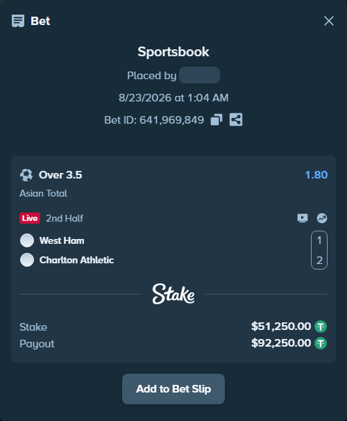 Bet slip: West Ham - Charlton Athletic, $51,250.00 stake at 1.80 odds, placed by Jackpoor